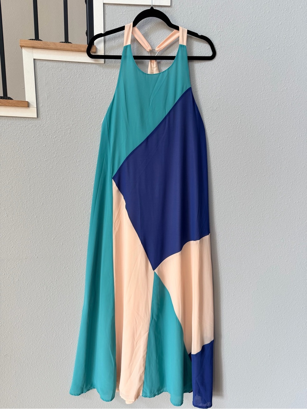 TEMT Geometric Color Block Halter Maxi Dress Size 10 Teal Blue Peach Open Back